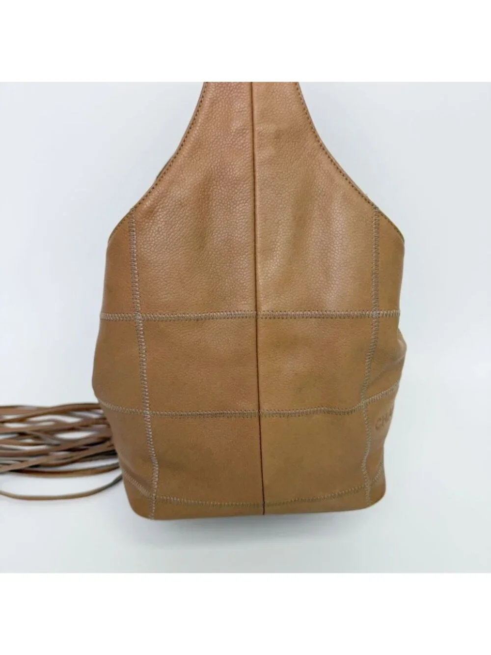 Chanel CC Logo Fringe Drawstring Handbag Leather Beige Vintage